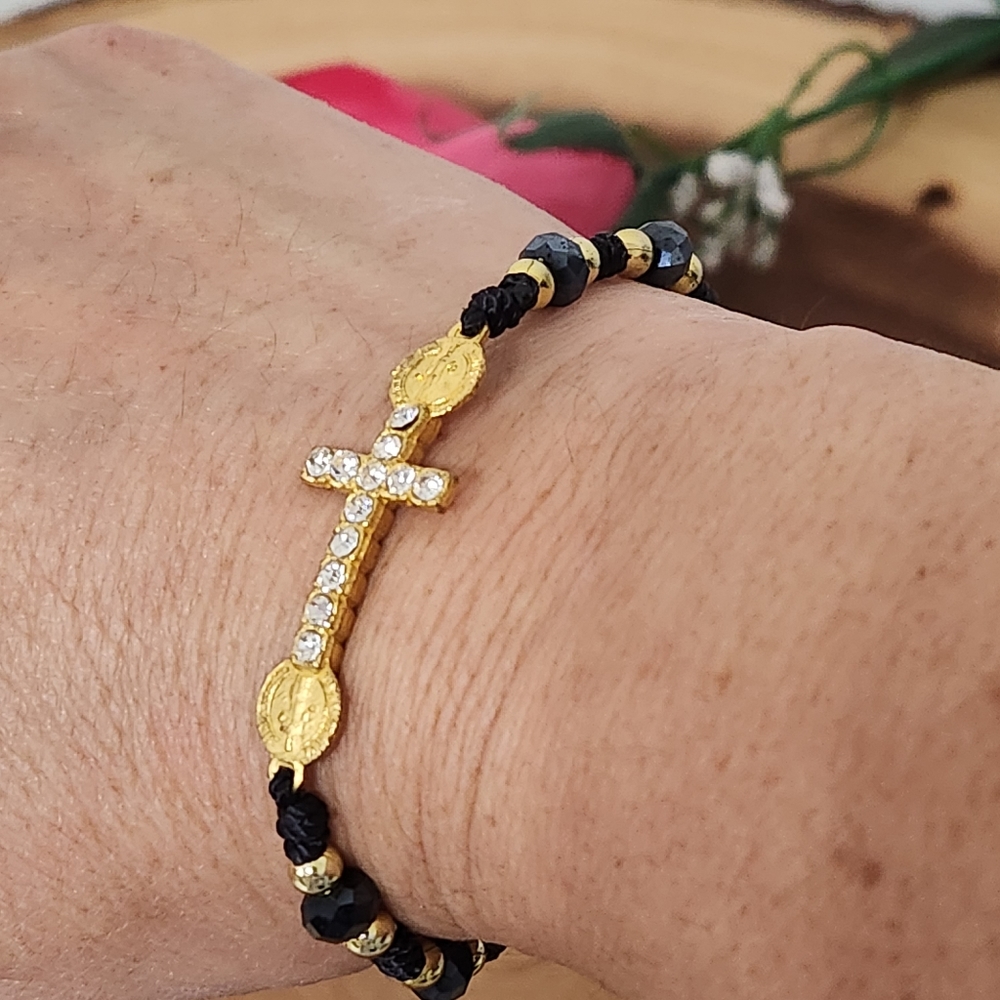 Saint Benedict Cross Black Gold Slip knot bracelet